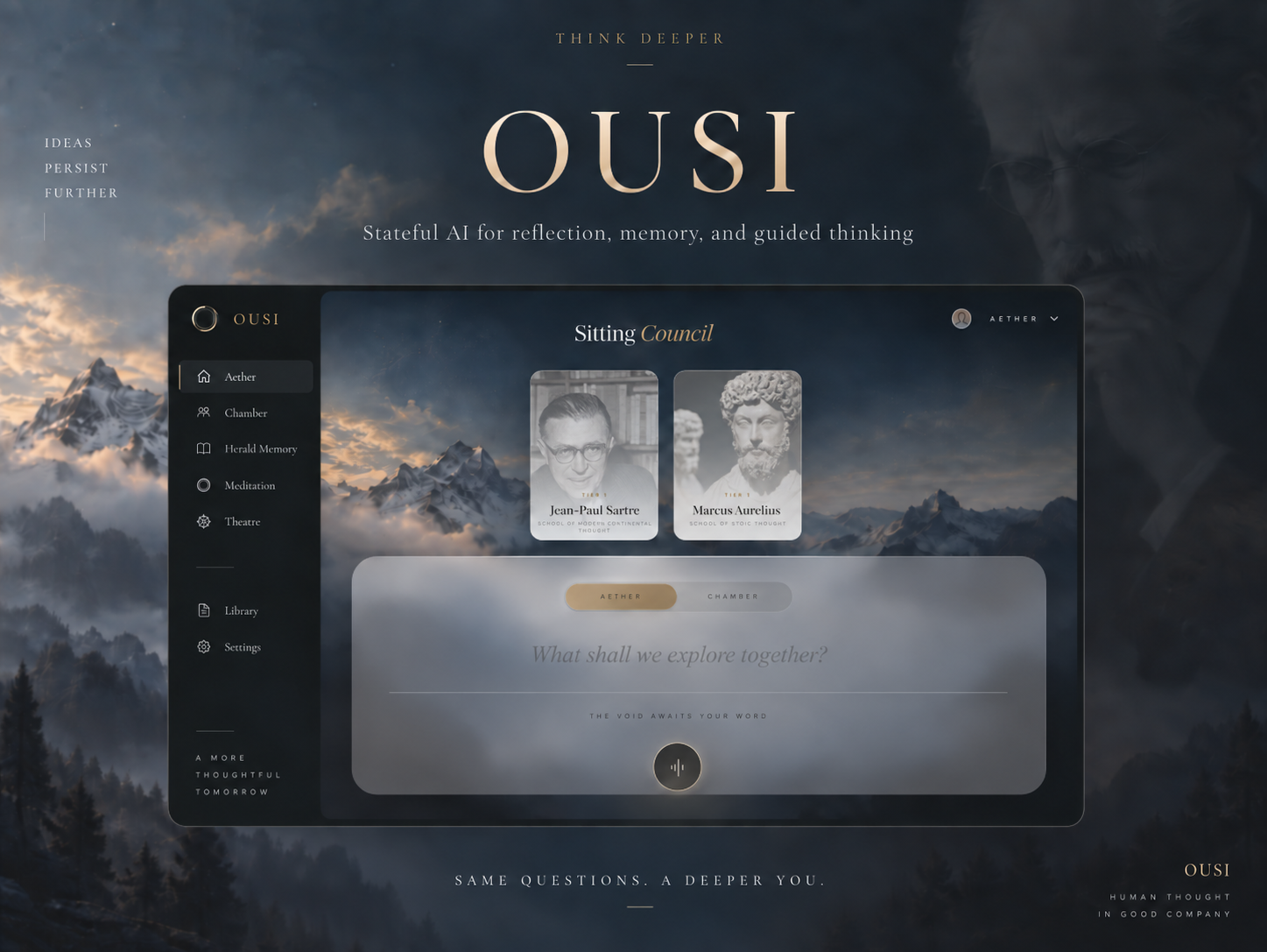 OUSI product artwork featuring a philosophical council with Jean-Paul Sartre and Marcus Aurelius